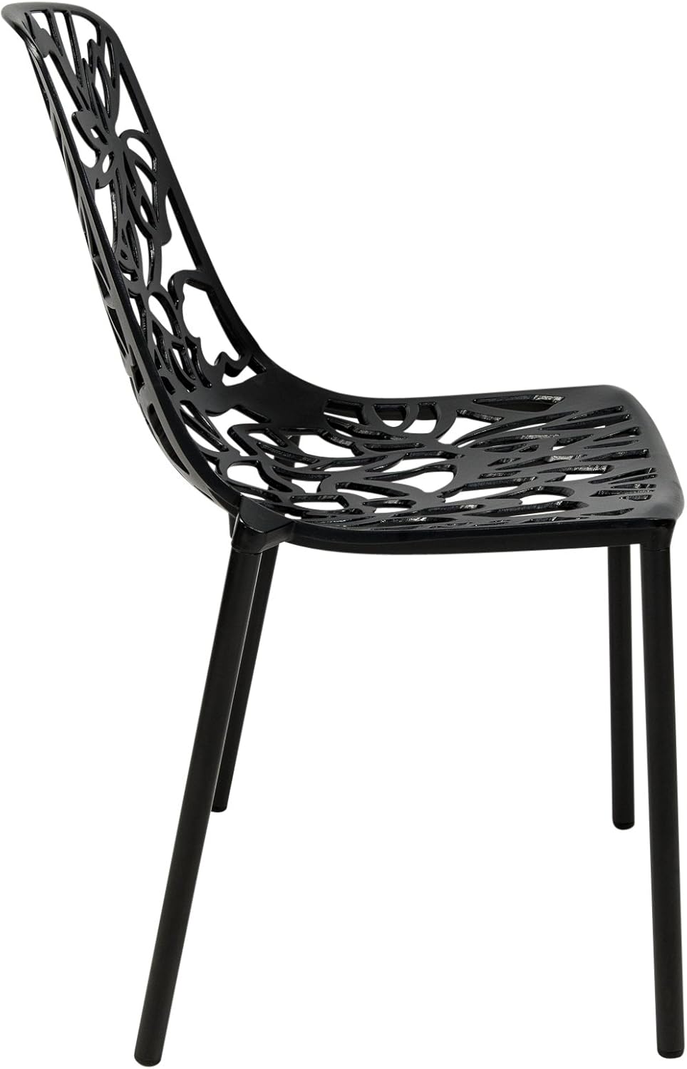 Left. LeisureMod - Devon Stackable Aluminum Dining Chair, Modern Floral Cutout Indoor/Outdoor Patio Chair - Fully Assembled - Black.