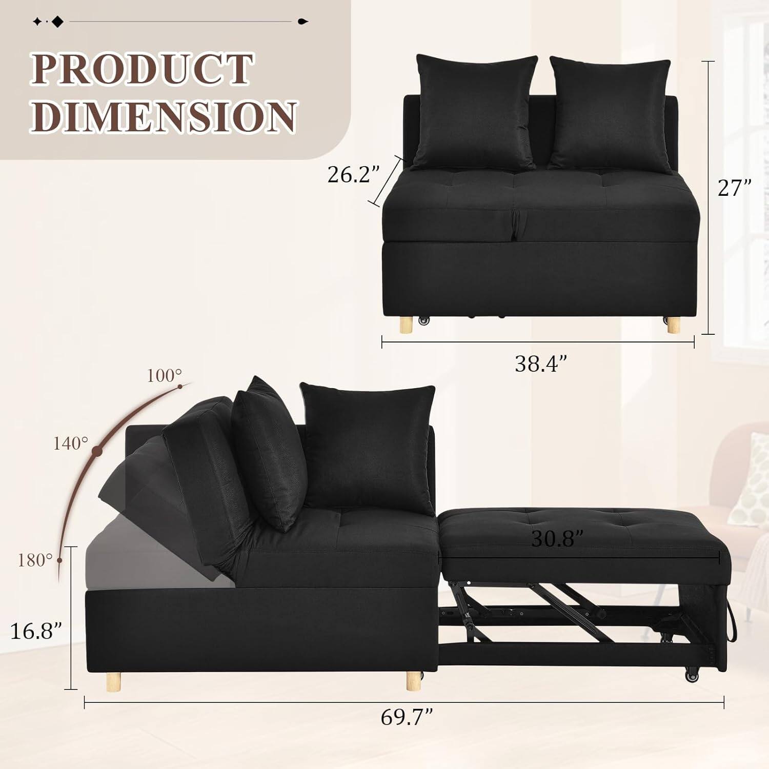 PRODUCT DIMENSION

- 26.2" (Height)
- 27" (Depth)
- 38.4" (Width)
- 16.8" (Height when reclined)
- 30.8" (Seat depth)
- 69.7" (Length)