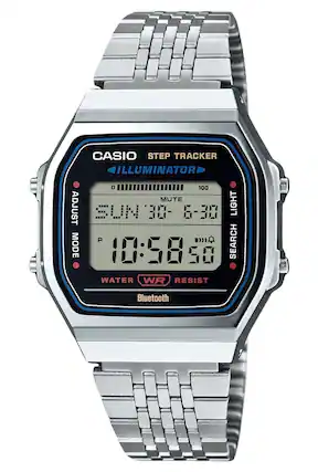 CASIO STEP TRACKER ILLUMINATOR
WATER RESIST
Bluetooth
SUN 30-6-30
10:58 50
ADJUST MODE
MUTE
LIGHT
SEARCH
100