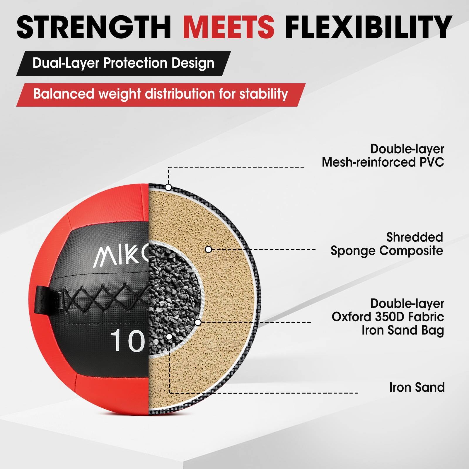 STRENGTH MEETS FLEXIBILITY

Dual-Layer Protection Design

Balanced weight distribution for stability

- Double-layer Mesh-reinforced PVC
- Shredded Sponge Composite
- Double-layer Oxford 350D Fabric Iron Sand Bag
- Iron Sand