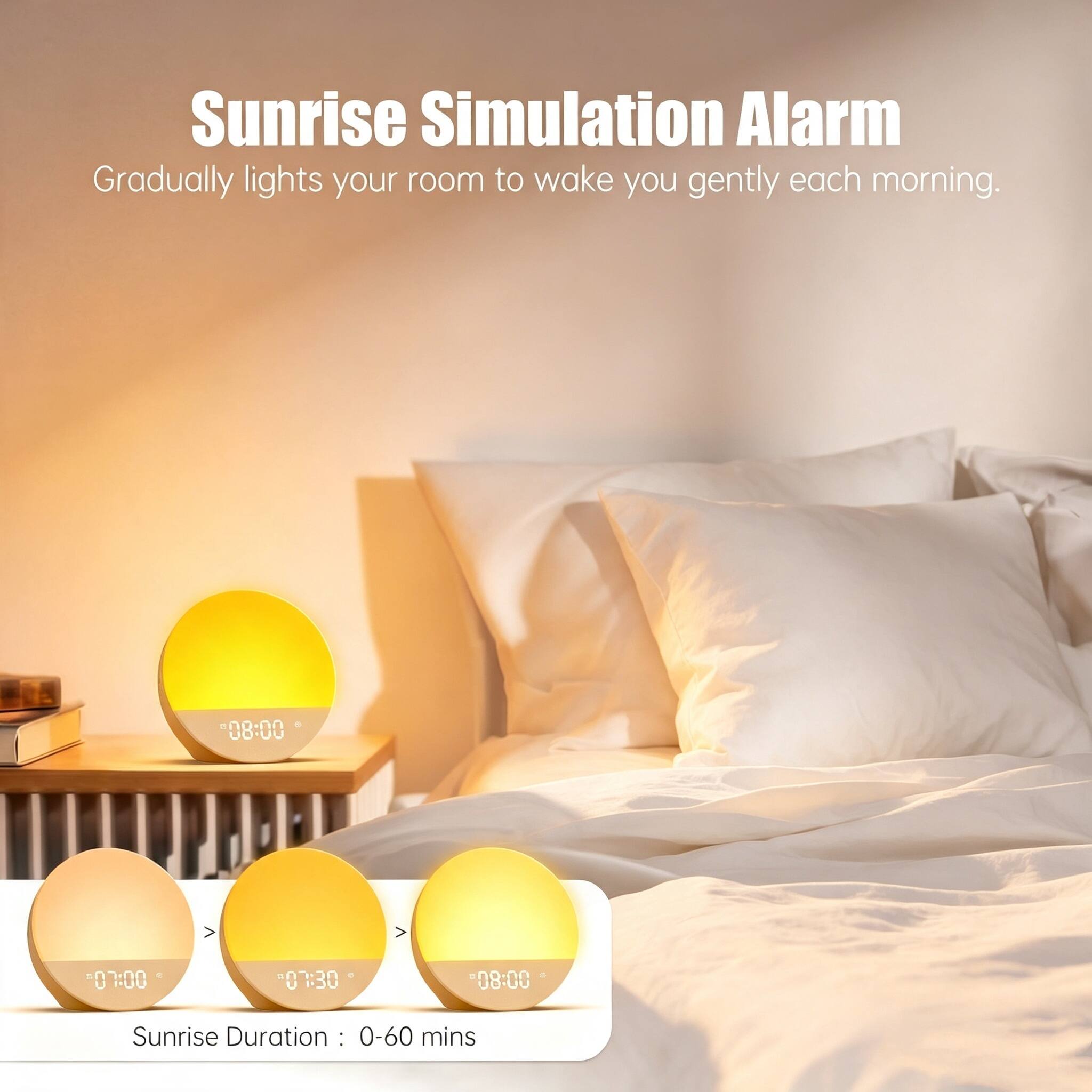 Sunrise Simulation Alarm  
Gradually lights your room to wake you gently each morning.  

08:00 07:00 "07:30 08:00  
Sunrise Duration: 0-60 mins