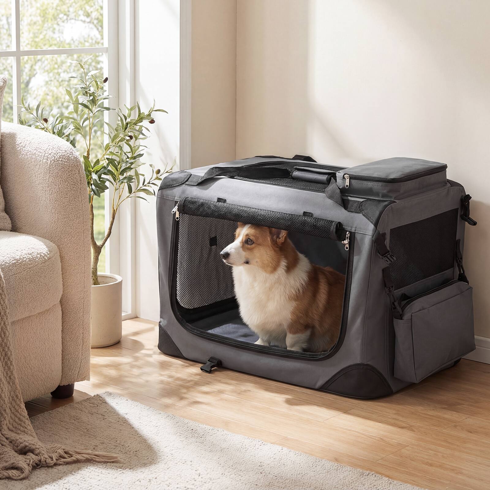 Alt View 1. Gymax - Gymax 24'' Collapsible Soft Dog CratePortable Dog Travel Crate w/Mesh Windows 3 Doors - Gray.
