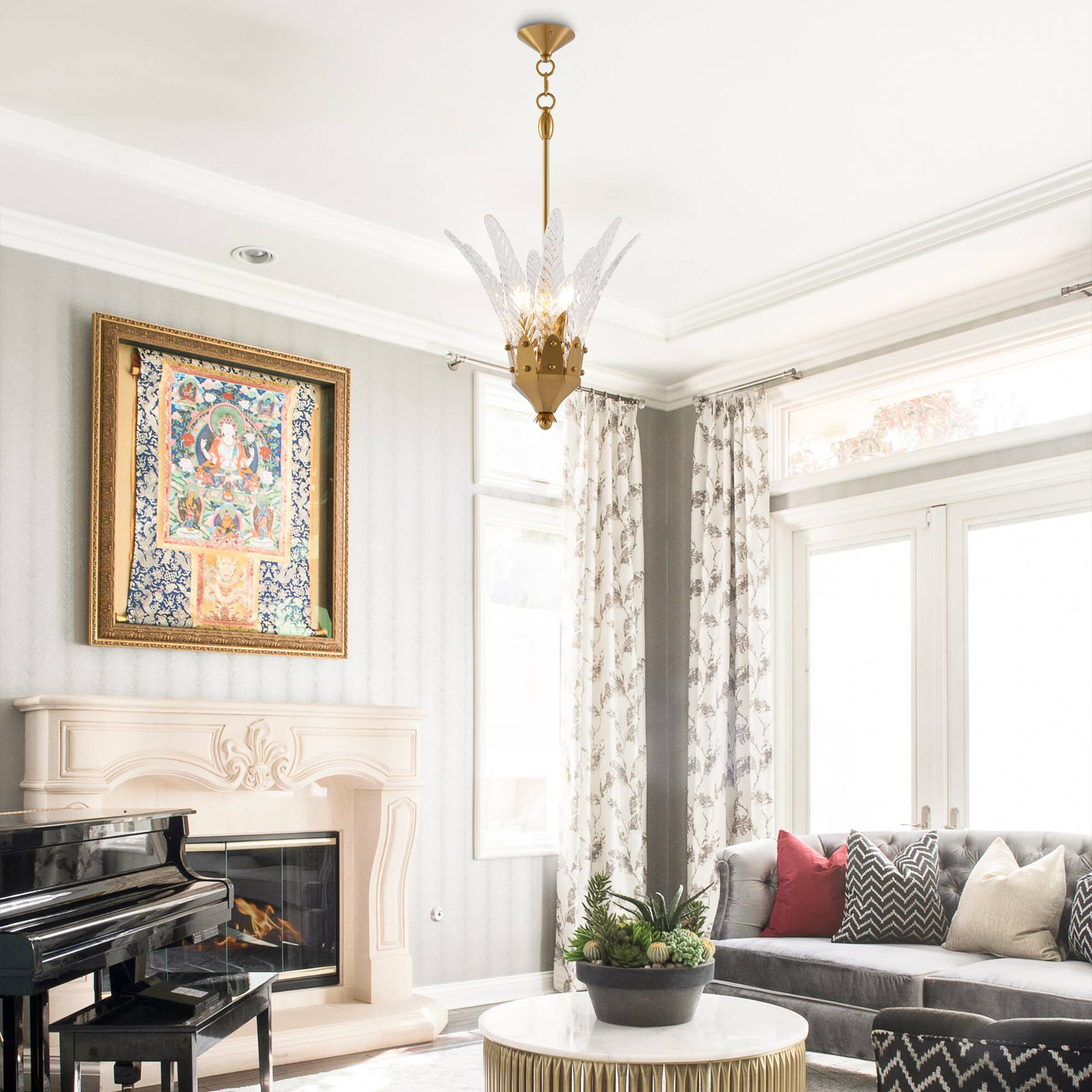 Angle. Parrot Uncle - 17-inch Modern Leaf Glass Gold Chandelier for Dining Room - Gold.