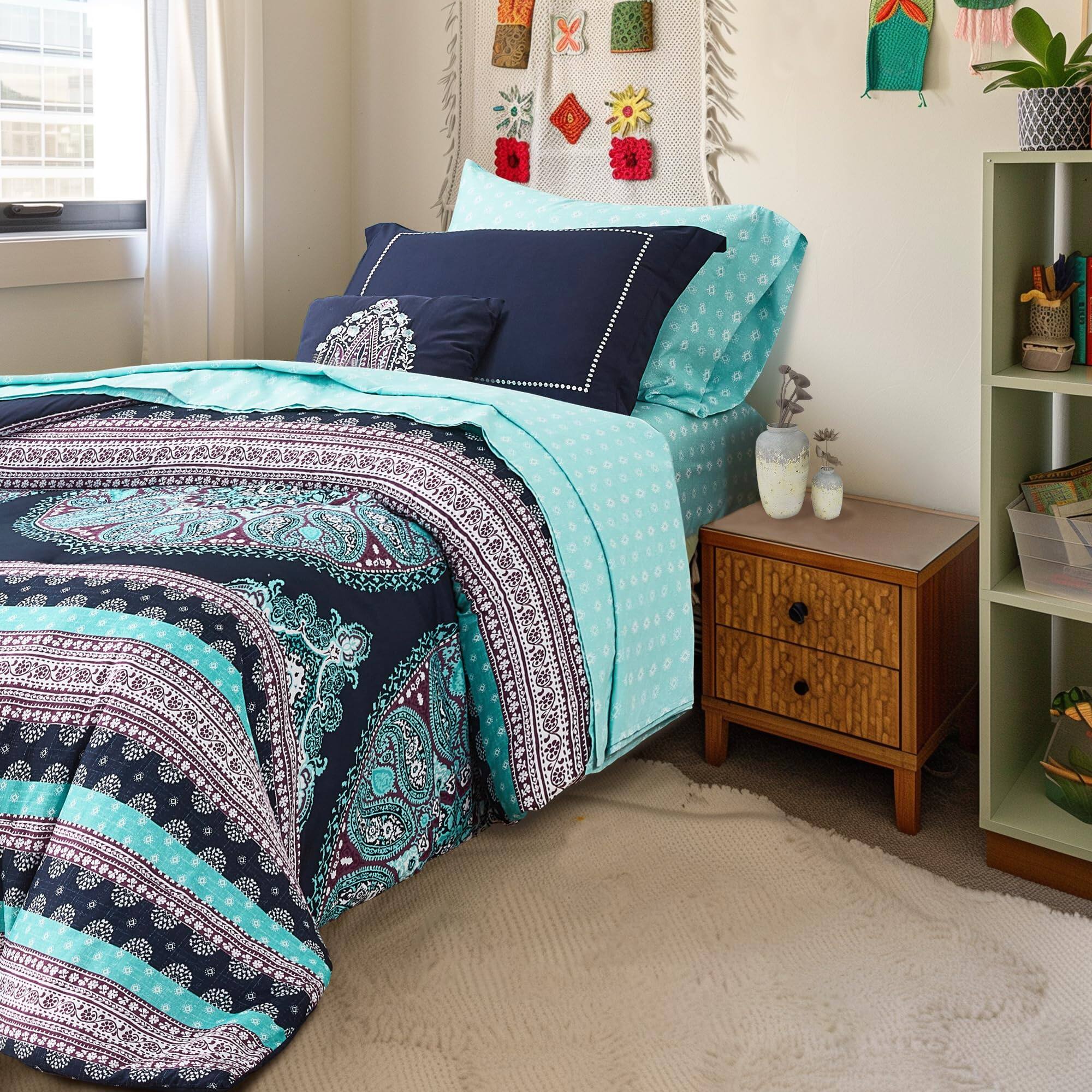 Left. PO3TICJUNKI3 - Complete Comforter Sets Boho Mandala Bed In A Bag Microfiber Bedding Set With Side Pockets Matching - Coral-Twin.