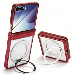 Dteck - Electroplated Frame Case for Samsung Galaxy Z Flip8 with Kickstand, Magnetic Clear Rigid Plastic Hinge Protection Cover - Red