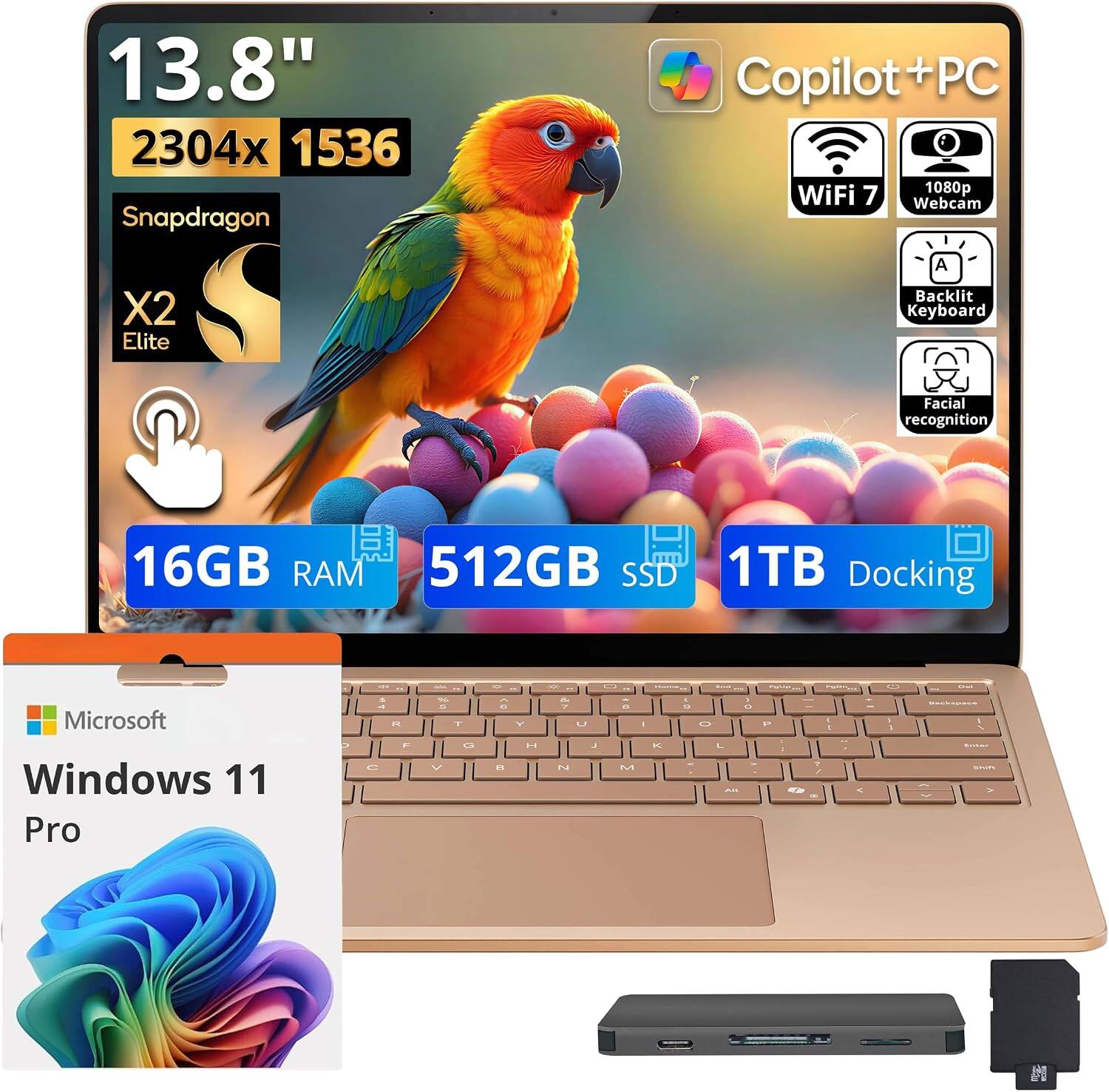 13.8" 2304x1536 Snapdragon X2 Elite Copilot + PC WiFi 7 1080p Webcam Backlit Keyboard Facial recognition 16GB RAM 512GB SSD 1TB Docking Microsoft Windows 11 Pro