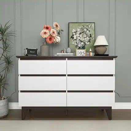Front. ALEXOUN - 6-Drawer Chest of Drawers, Simple & Easy to Use, Spacious Storage Cabinet for Bedroom, Living Room, Office, Apartment - White.
