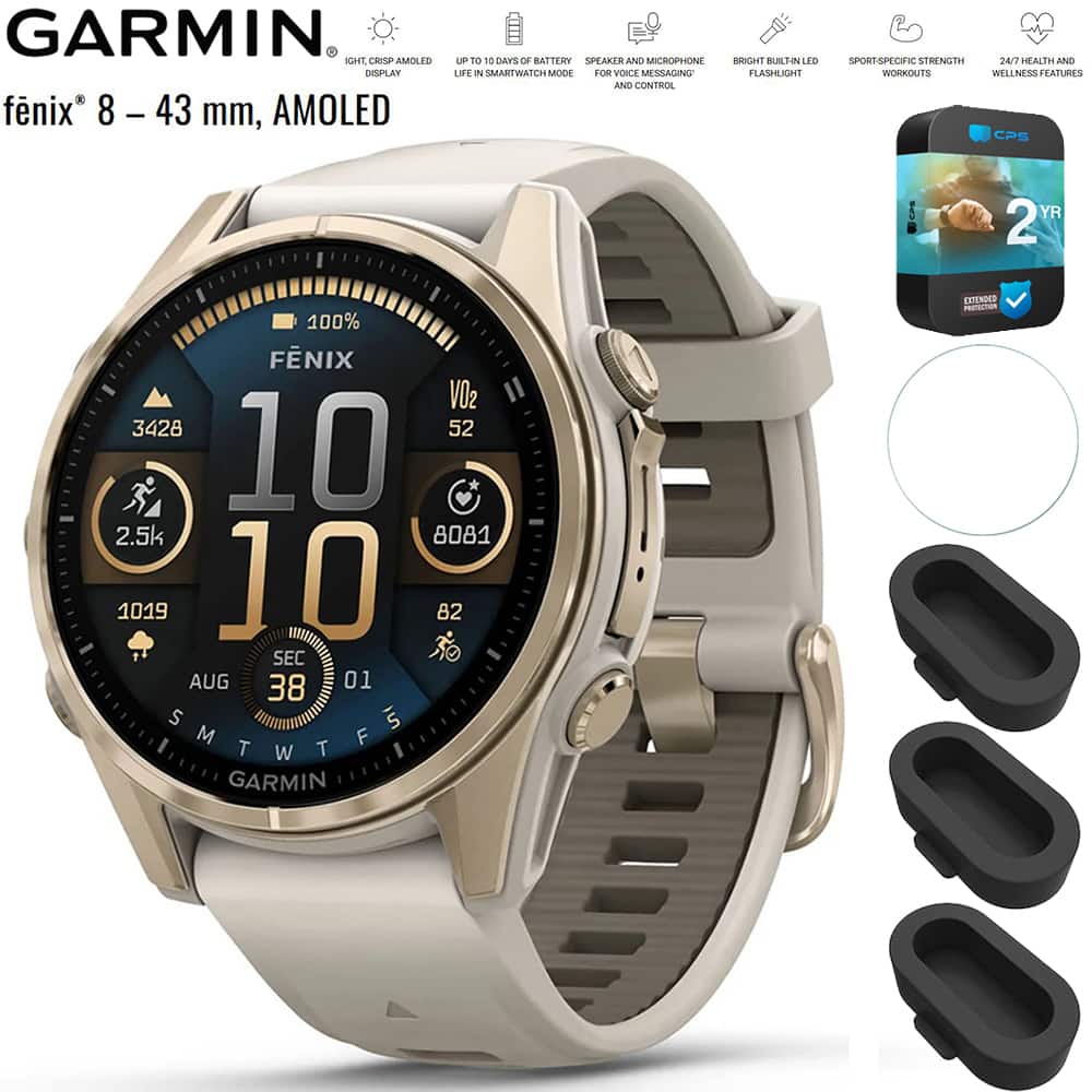Garmin - Fenix 8 43 mm AMOLED Sapphire Gold with Gray Band+2 Year Warranty Bundle - Soft Gold - (2024)