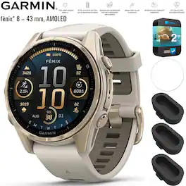 Garmin - Fenix 8 43 mm AMOLED Sapphire Gold with Gray Band+2 Year Warranty Bundle - Soft Gold - (2024)