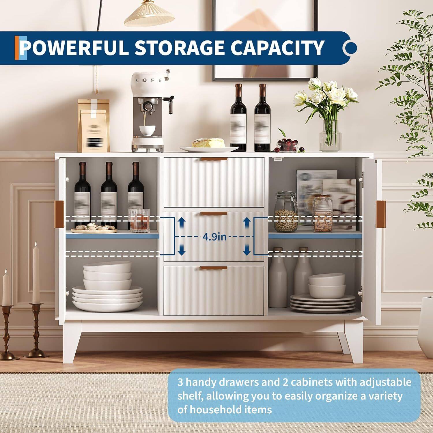 POWERFUL STORAGE CAPACITY

3 handy drawers and 2 cabinets with adjustable shelf, allowing you to easily organize a variety of household items

4.9in