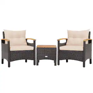 Costway - 3PCS Patio Rattan Furniture Set Wooden Armrest Table Top Cushioned Deck - Mix Brown,Beige