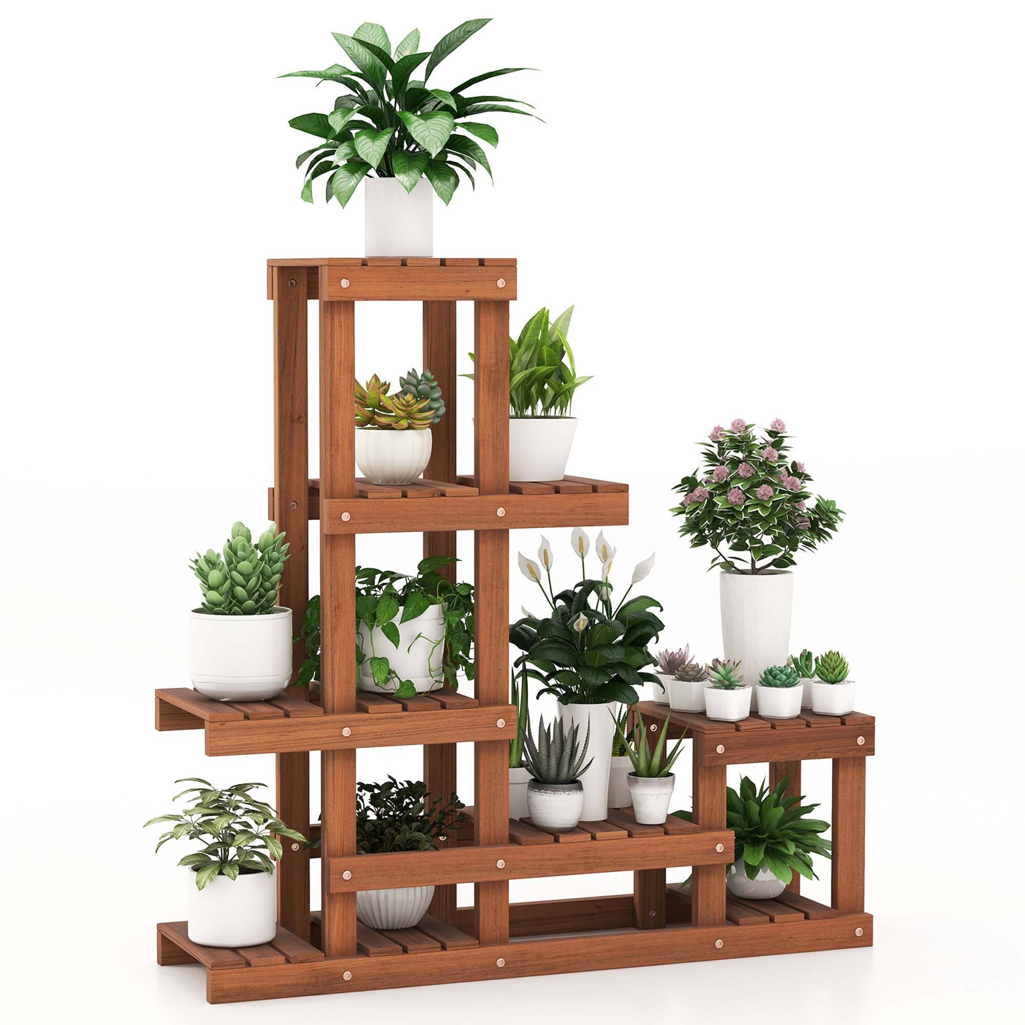 Alt View 1. Costway - Multi-layer Wood Plant Stand Flower Shelf Rack with High Low Structure - Brown.