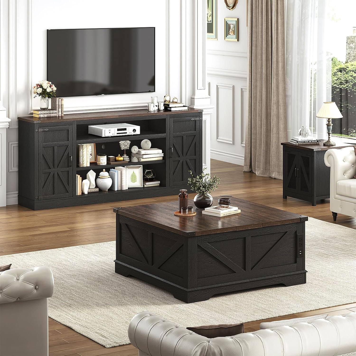 Angle. Espafurni - 75" Farmhouse TV Stand w/Power Outlet, 33"H, Adjustable Shelves & Storage – Fits 85" TV - Black.