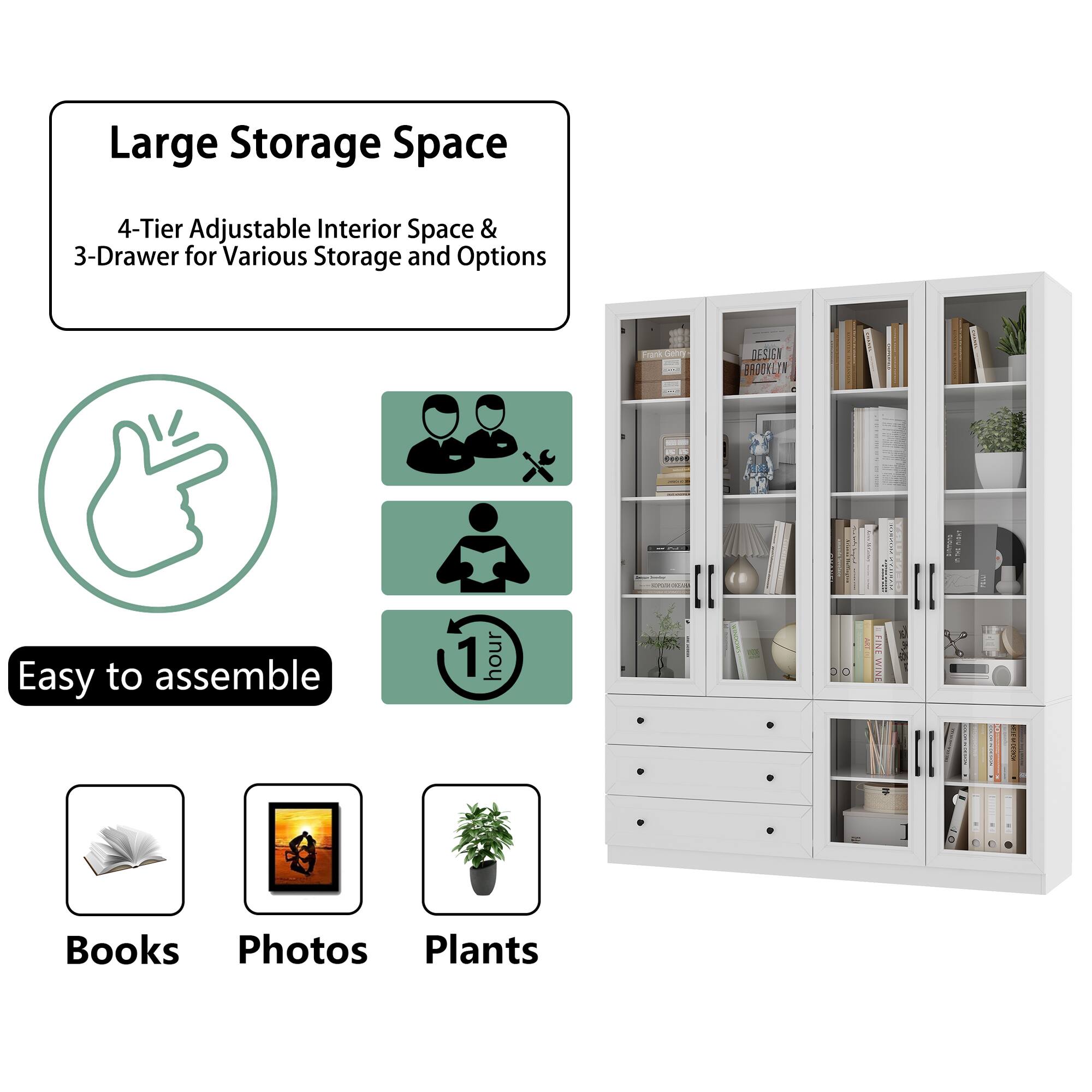 Large Storage Space 4-Tier Adjustable Interior Space & 3-Drawer for Various Storage and Options

Easy to assemble 1 hour

Books
Photos
Plants