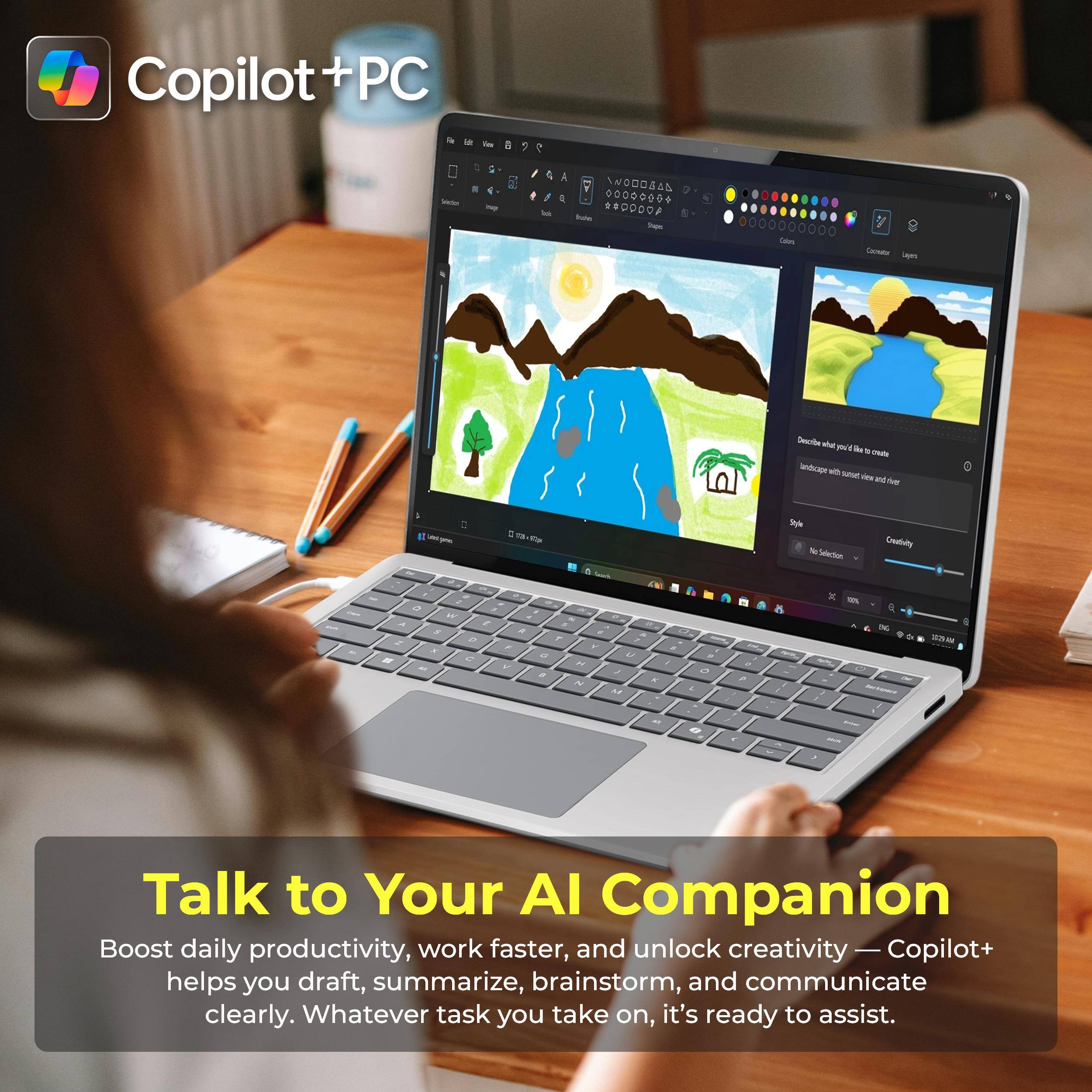 Copilot+ PC

Talk to Your AI Companion

Boost daily productivity, work faster, and unlock creativity — Copilot+ helps you draft, summarize, brainstorm, and communicate clearly. Whatever task you take on, it's ready to assist.