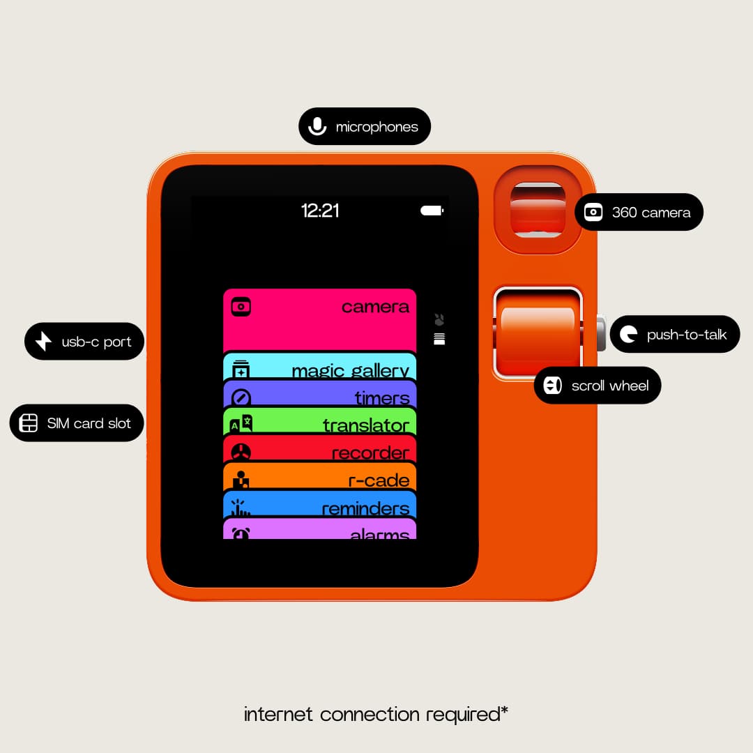 - microphones
- 12:21
- 360 camera
- camera
- usb-c port
- SIM card slot
- magic gallery
- timers
- translator
- recorder
- r-cade
- reminders
- alarms
- push-to-talk
- scroll wheel
- internet connection required*