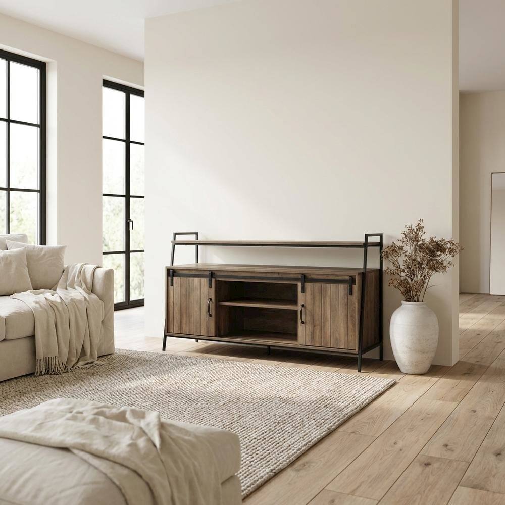 Alt View 2. FurniFact - Industrial TV Stand in Rustic Oak & Black Finish with MDF, Metal, Veneer - Brown.