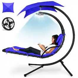 Best Choice Products - Hanging LED-Lit Curved Chaise Lounge Chair w/ Pillow, Canopy, Stand - Resort Blue
