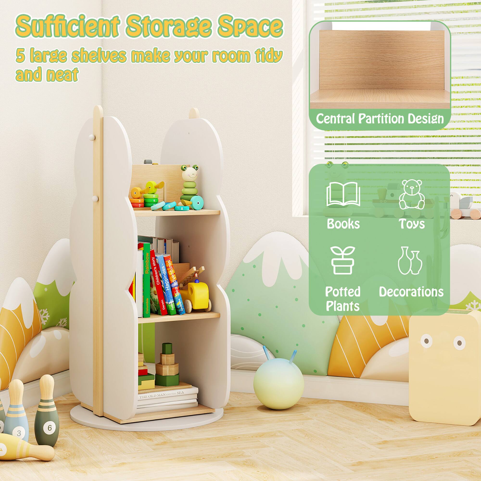 Sufficient Storage Space 5 large shelves make your room tidy and neat Central Partition Design Books Toys Potted Plants Decorations