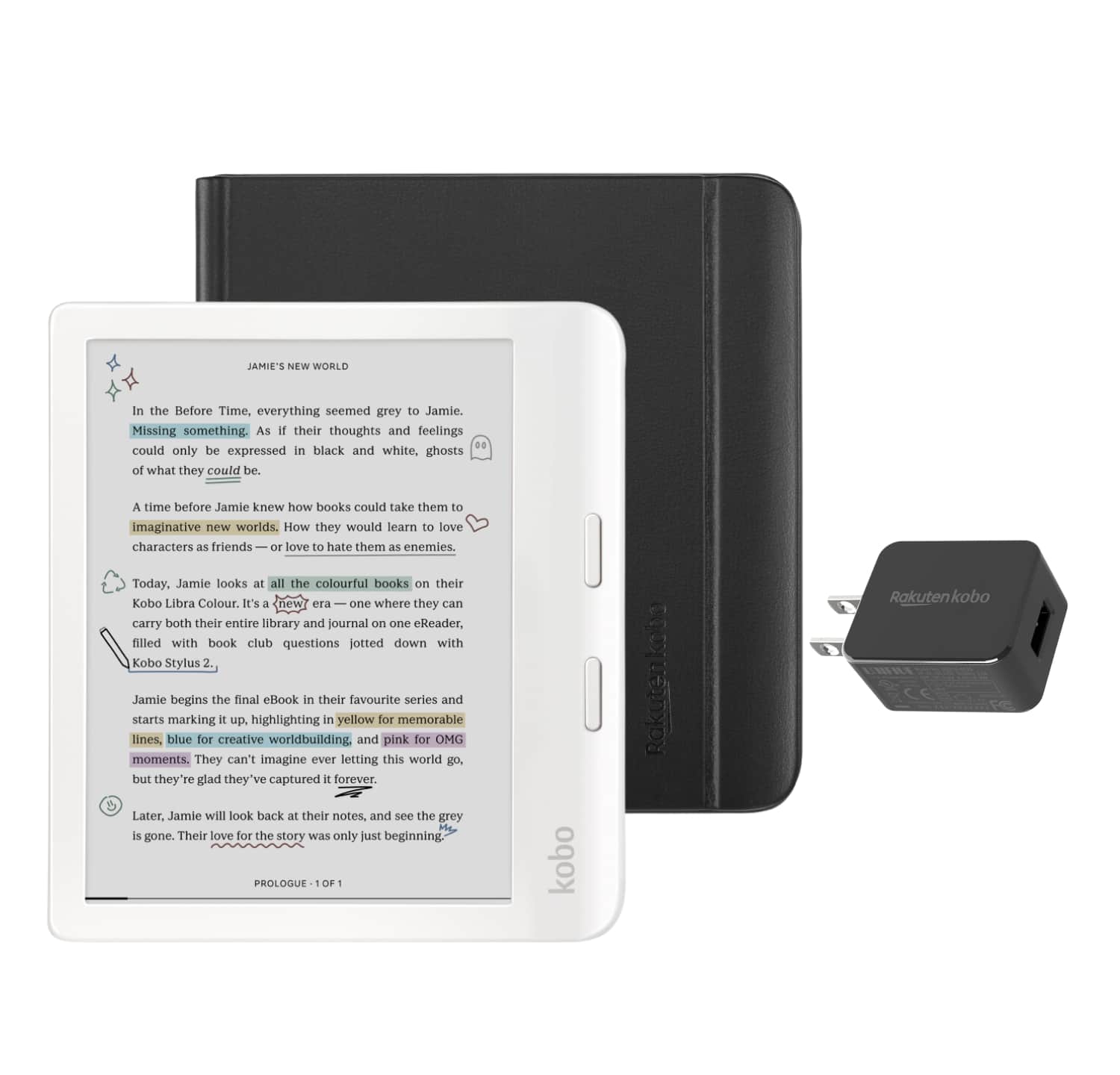 Kobo - Libra Colour eReader (White) with and AC Bundle - 2024 - Black Notebook SleepCover