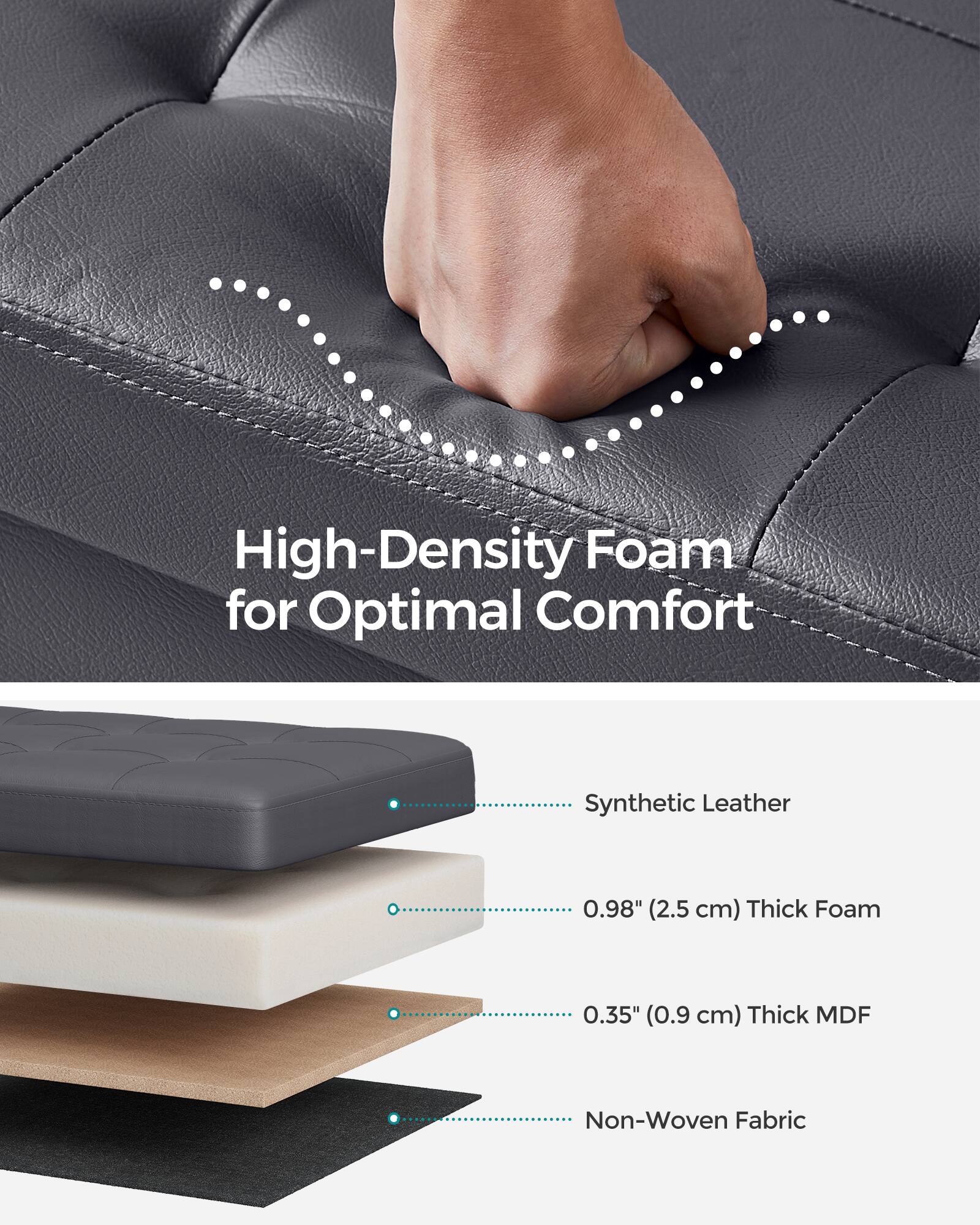 High-Density Foam for Optimal Comfort

- Synthetic Leather
- 0.98" (2.5 cm) Thick Foam
- 0.35" (0.9 cm) Thick MDF
- Non-Woven Fabric