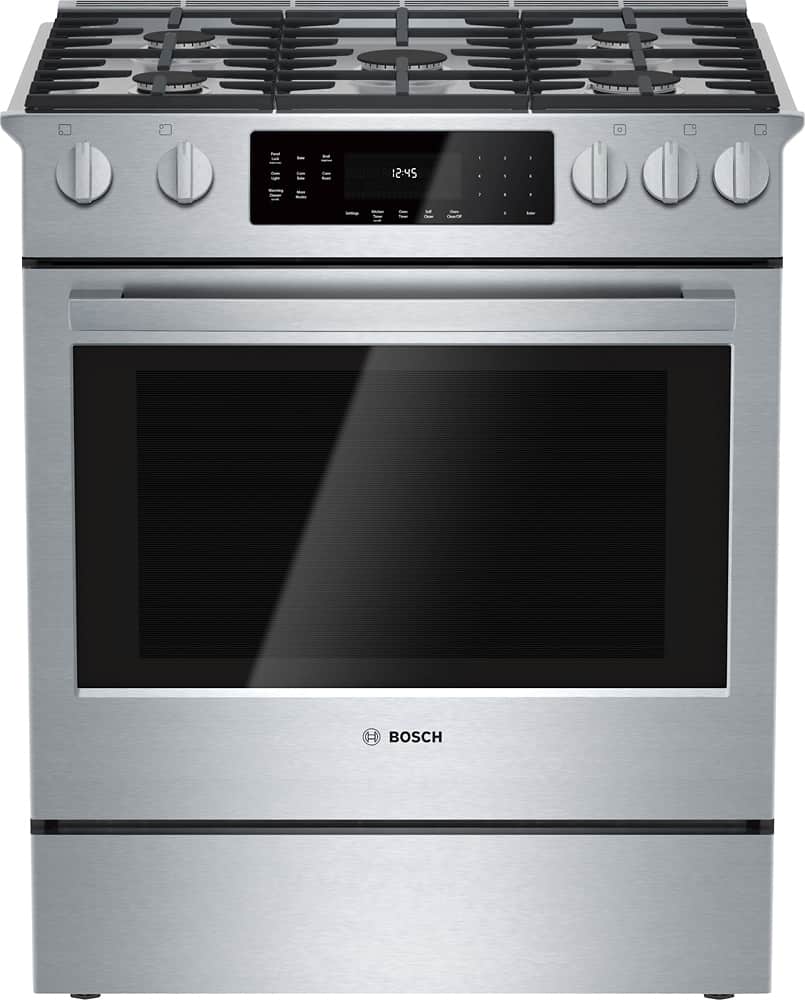 Front. Bosch - 800 Series 4.8 Cu. Ft. Self-Cleaning Slide-In Gas Convection Range.
