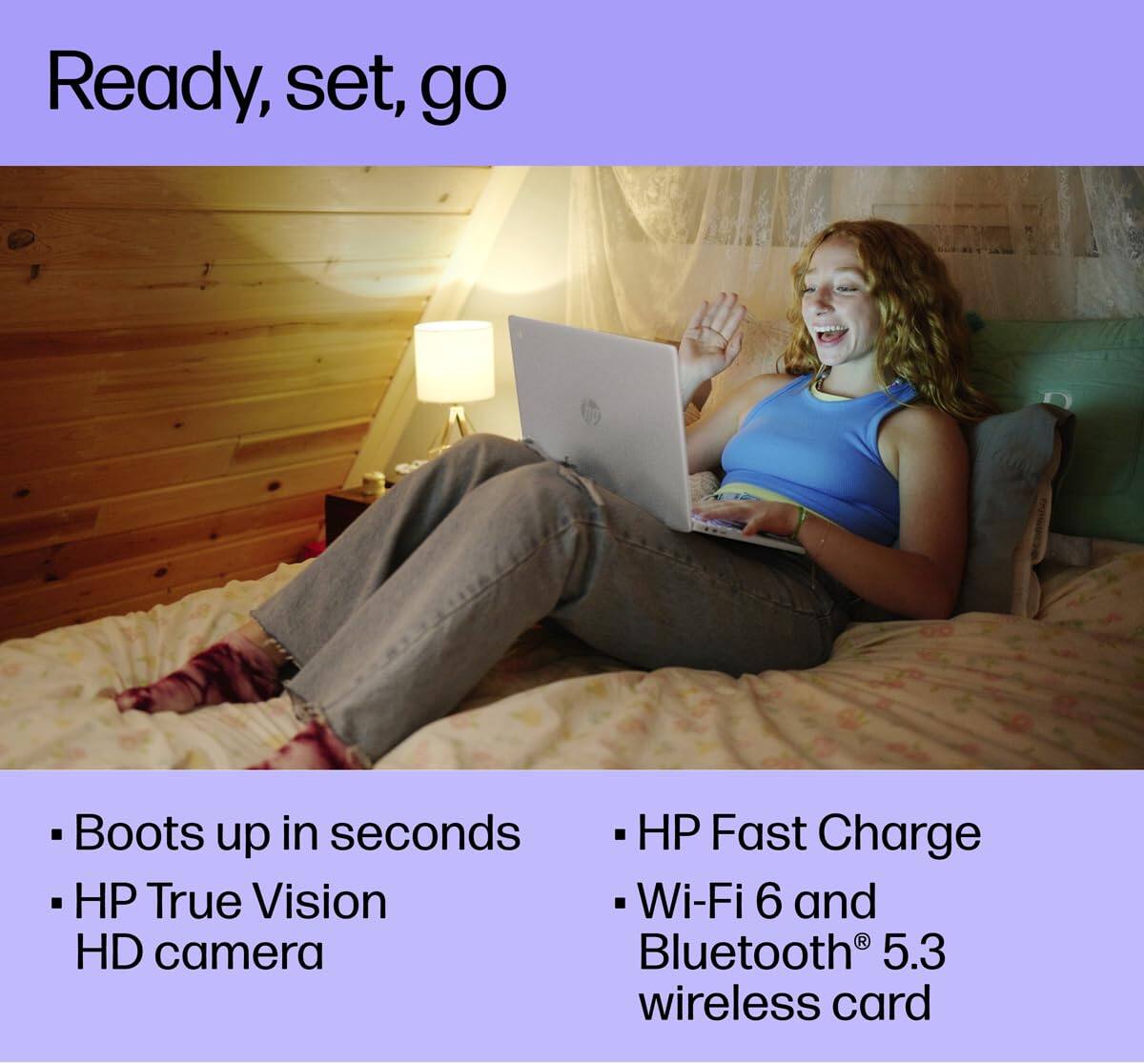 Ready, set, go

- Boots up in seconds
- HP True Vision HD camera
- HP Fast Charge
- Wi-Fi 6 and Bluetooth® 5.3 wireless card