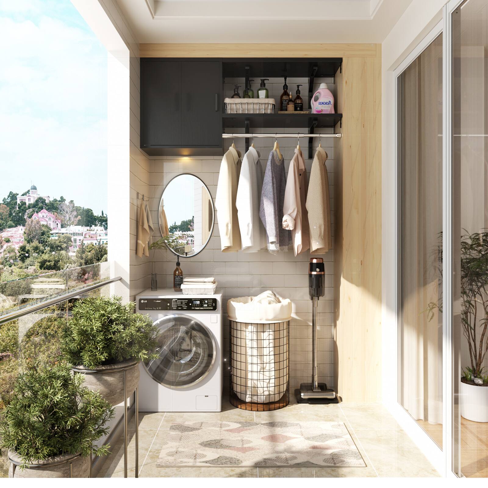 Front. Aheaplus - 46'' Wall Cabinet with Storage Shelves and Hanging Rod, Small Wall Organizer Cabinett for Laundry/Closet - Black.