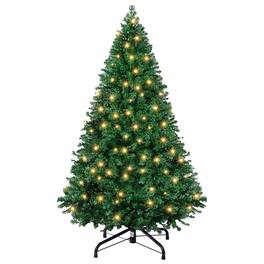 Sweetcrispy - Pre-lit Full Artificial Christmas Tree Hinged w/ Warm White LED Lights - Green