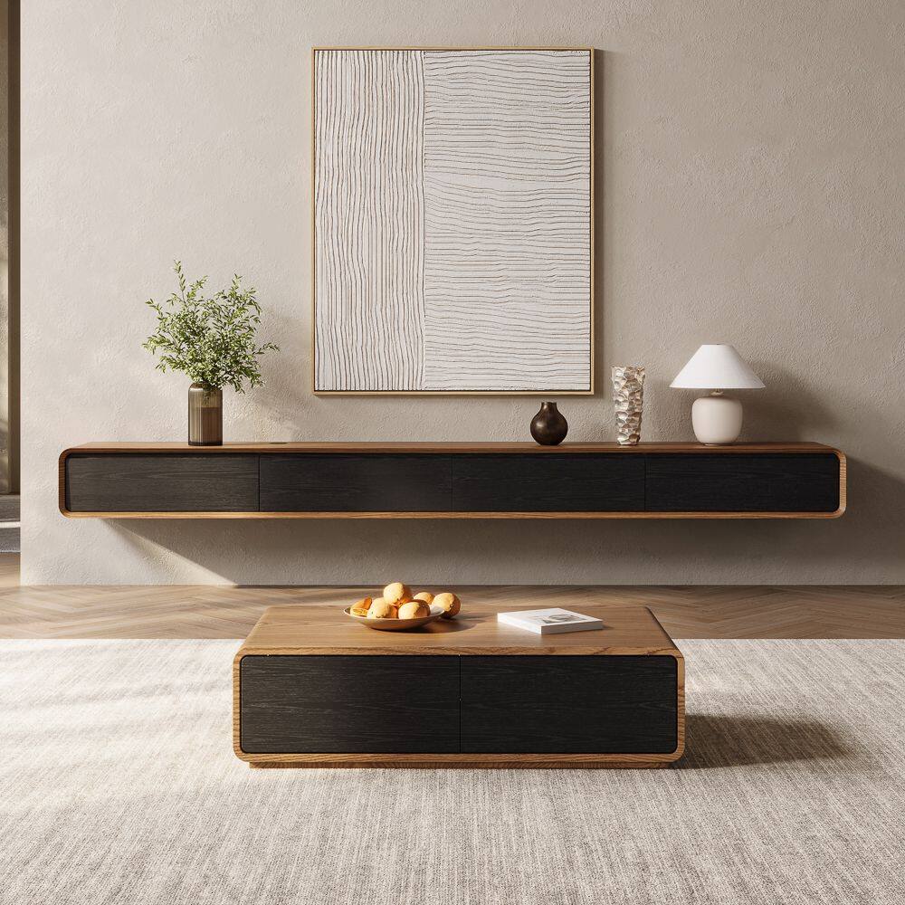 Back. POVISON - 95" Minimalist Floating TV Stand,Black & Brown - Black & Brown.