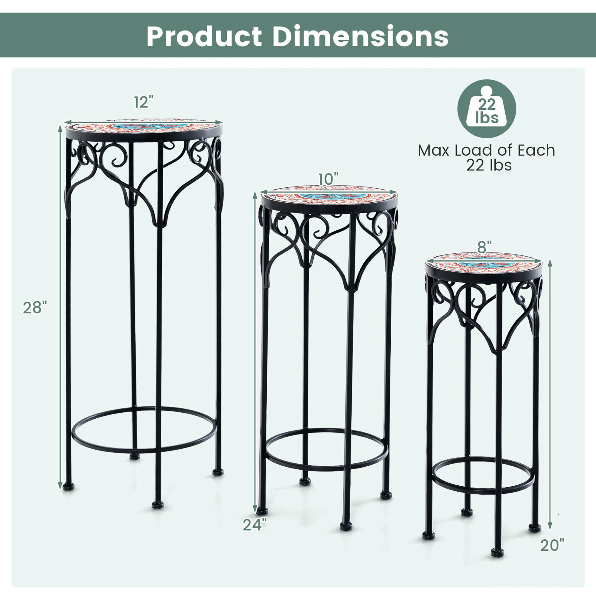 Product Dimensions

- 12" Diameter
- 28" Height
- 24" Base Diameter

- 10" Diameter
- 24" Height
- 20" Base Diameter

- 8" Diameter
- 20" Height

Max Load of Each: 22 lbs