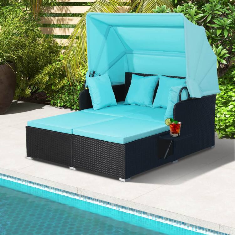 Left. SlickBlue - Patio Rattan Daybed with Retractable Canopy and Side Tables for Outdoor Lounge - Turquoise.