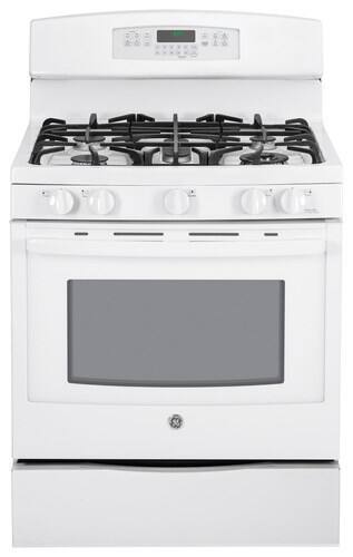 Front. GE - Profile Series 30" Self-Cleaning Freestanding Gas Convection Range - White on White.