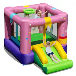 Gymax - Inflatable Bounce House Bouncy Castle w/Slide & Basketball Rim Blower Excluded