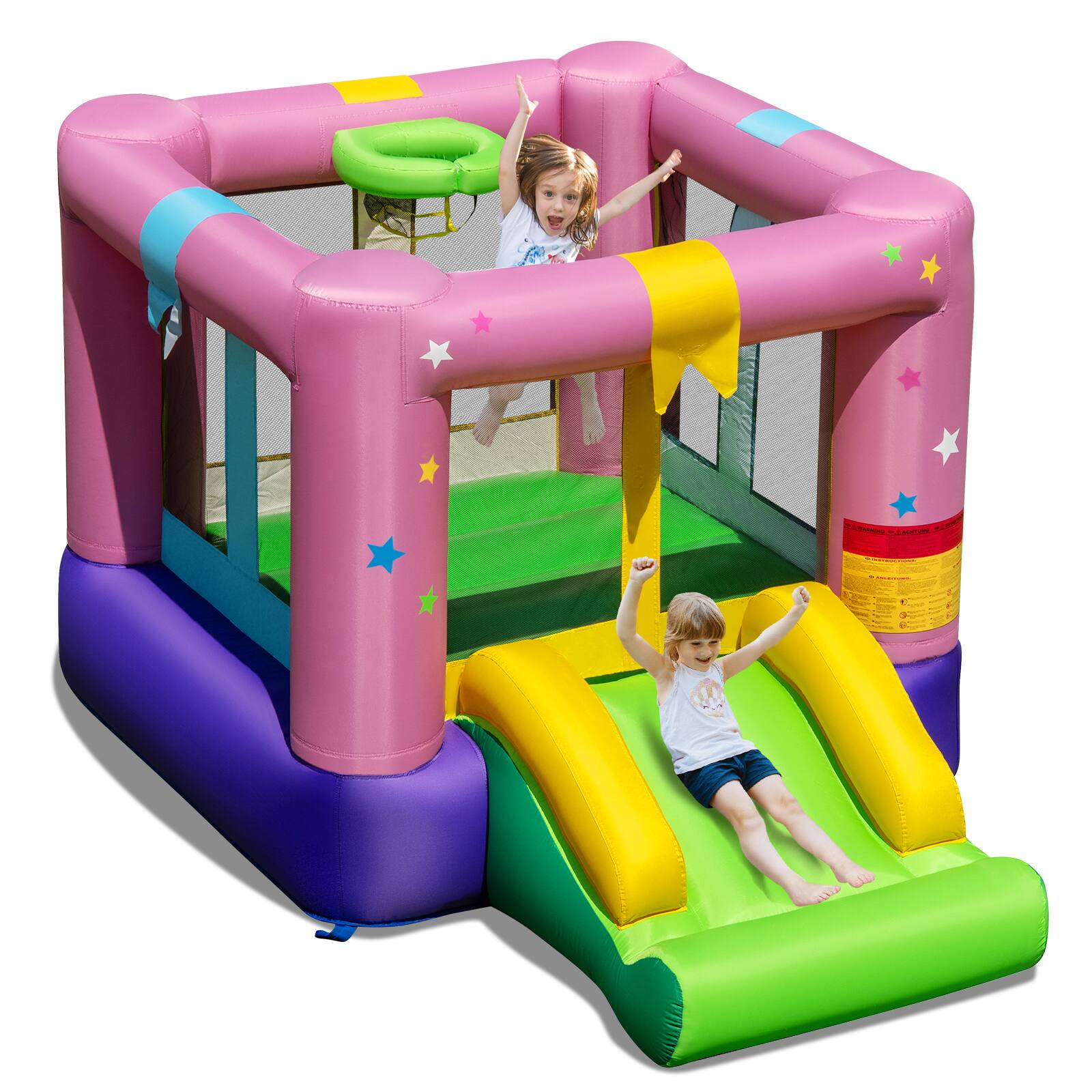 Gymax - Inflatable Bounce House Bouncy Castle w/Slide & Basketball Rim Blower Excluded