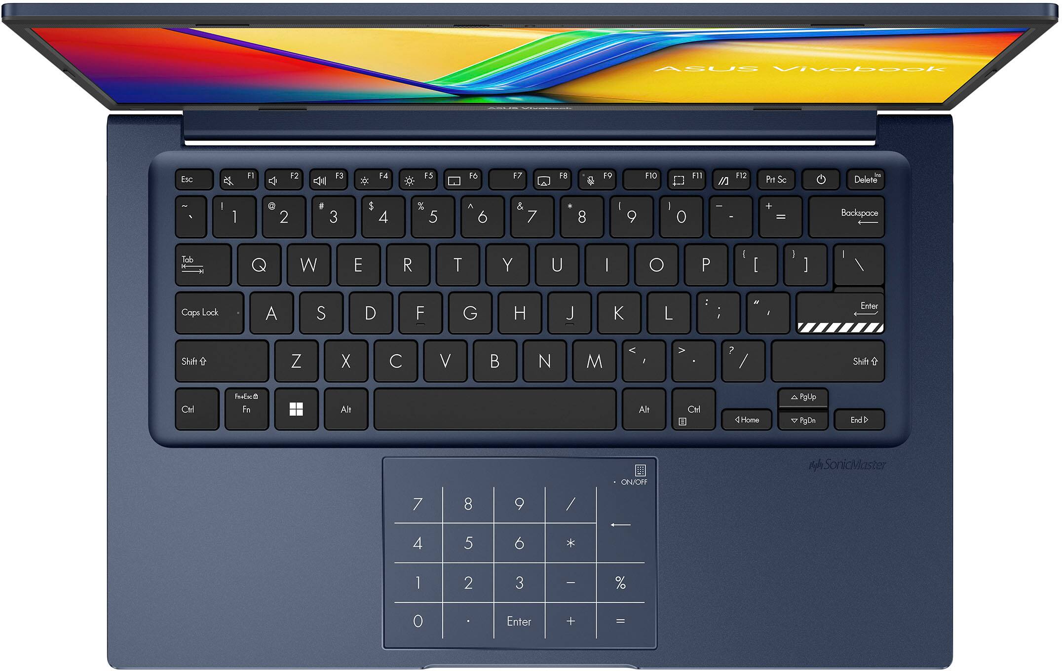 ASUS Vivobook Esc 2 F1 F2 F3 F4 F5 F6 F7 FB 8 F9 F10 F11 F12 Prt Sc and Delete - & I 1 Q 2 # 3 $ 4 % 5 A 6 & 7 * 8 I 9 - O - I + = Backspace Tab Q W E R T Y U I O P I [ ] | / Ctrl Lock A S D F G H J K L : : I Enter Shift Z X C V B N M V ? / Shift Ctrl Fn Alt Alt Ctrl Home A PgUp PgDn End b ON/Off SonicMaster 7 8 9 / 4 5 6 * 1 2 3 I % 0 Enter + =