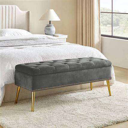 Front. Hivvago - Mid-Century Modern End of Bed Storage Bench with Velvet Seat and Legs - Gray, Gold.
