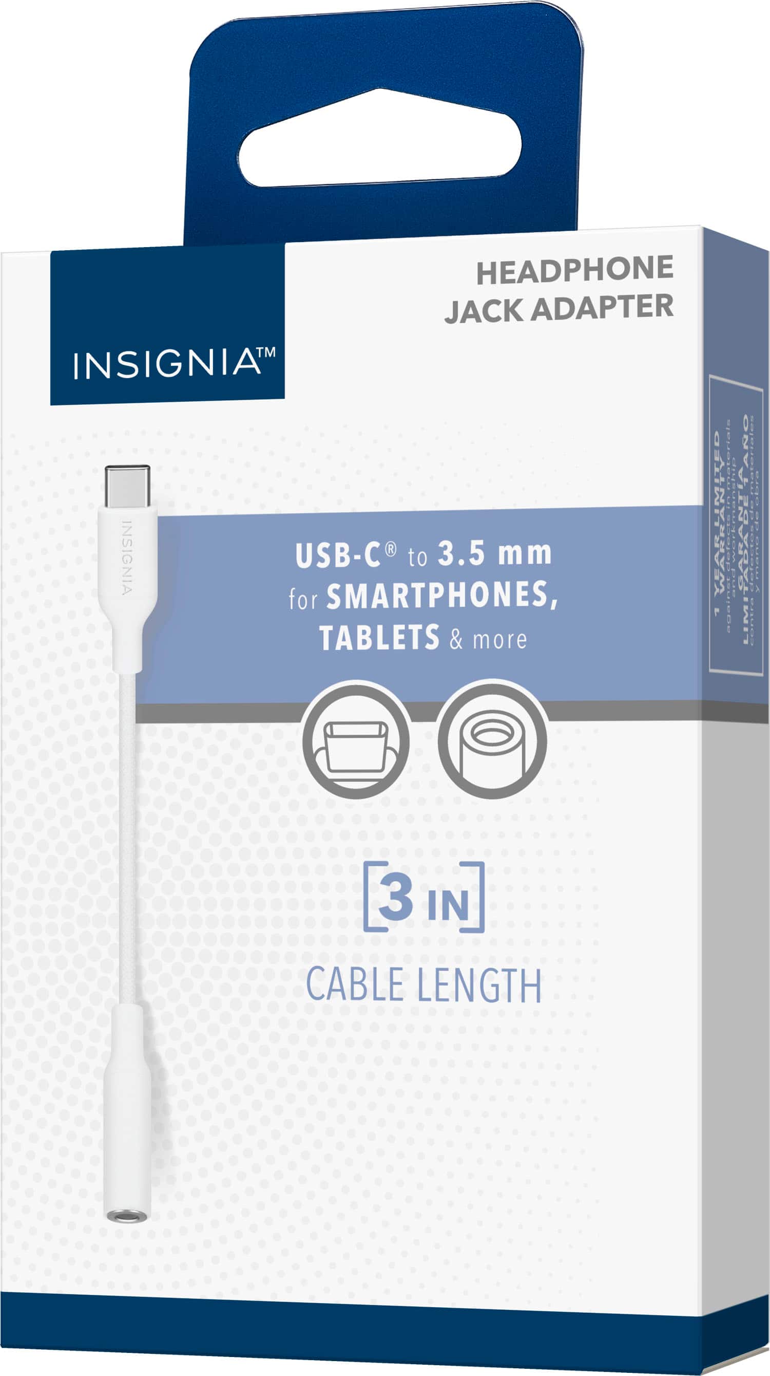 The text on the image reads: "HEADPHONE JACK ADAPTER USB-C to 3.5mm SMARTPHONES, TABLETS & MORE 3 IN CABLE LENGTH INSIGNIA."
