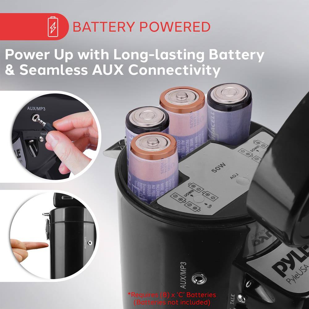 BATTERY POWERED

Power Up with Long-lasting Battery & Seamless AUX Connectivity

*Requires (8) x 'C' Batteries (Batteries not included)

AUX/MP3

50W

AUX/MP3

PyleUSA