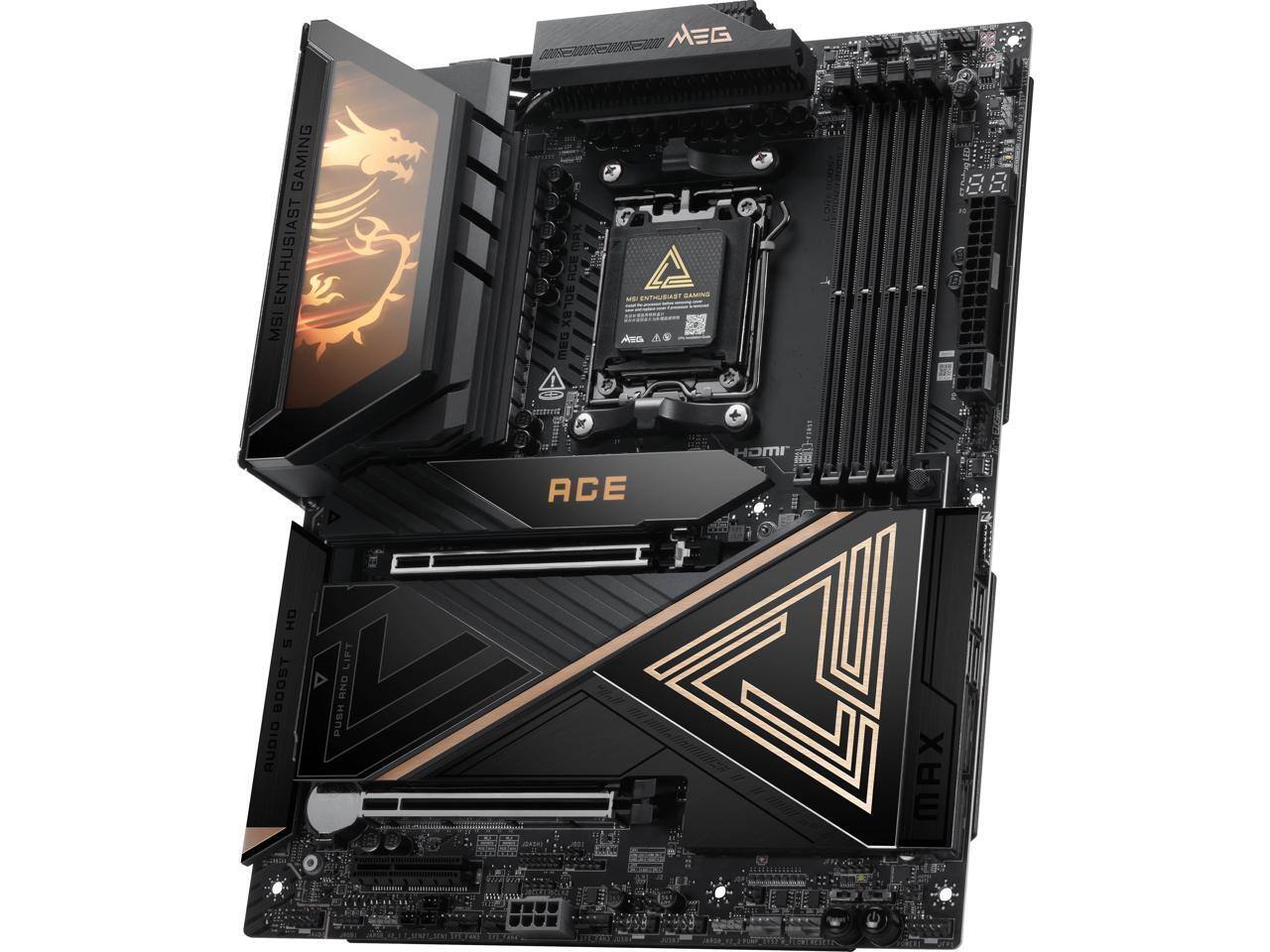 MSI MEG GAMING ENTHUSIAST  
MSI MAX RCE  
MEG X870E RCE  
BOLBX  
ANG  
MEG  
g m  
HDMI  
ACE  
HD  
u  
GOOST  
AUDIO  
LIPT  
ANO  
PUSH  
MAX
