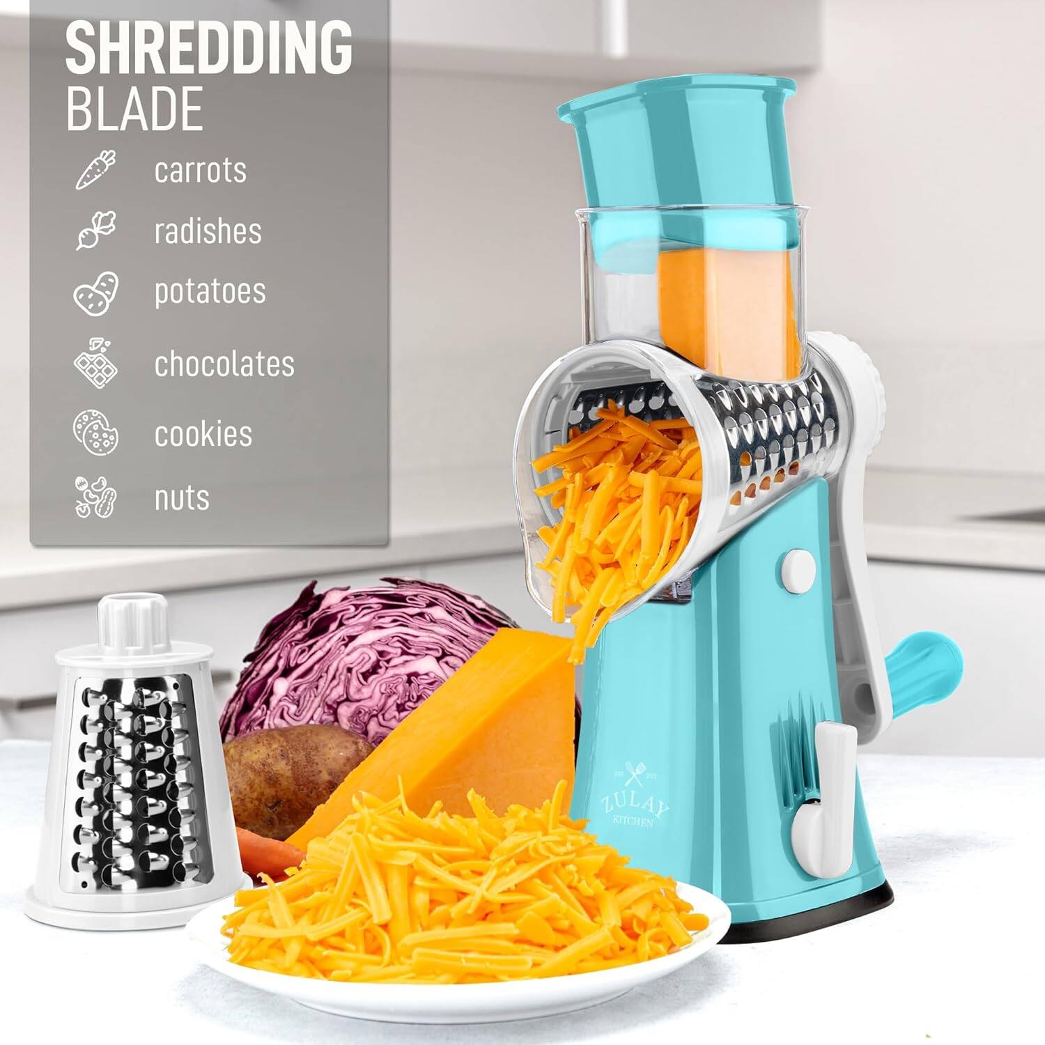 SHREDDING BLADE

- carrots
- radishes
- potatoes
- chocolates
- cookies
- nuts

ZULAY KITCHEN