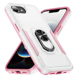 Dteck - for Apple iPhone 17e / 16e Heavy Duty Case with Foldable Metal Ring Stand,Fit Magnetic Car Holders,Shockproof Cover - White/Pink