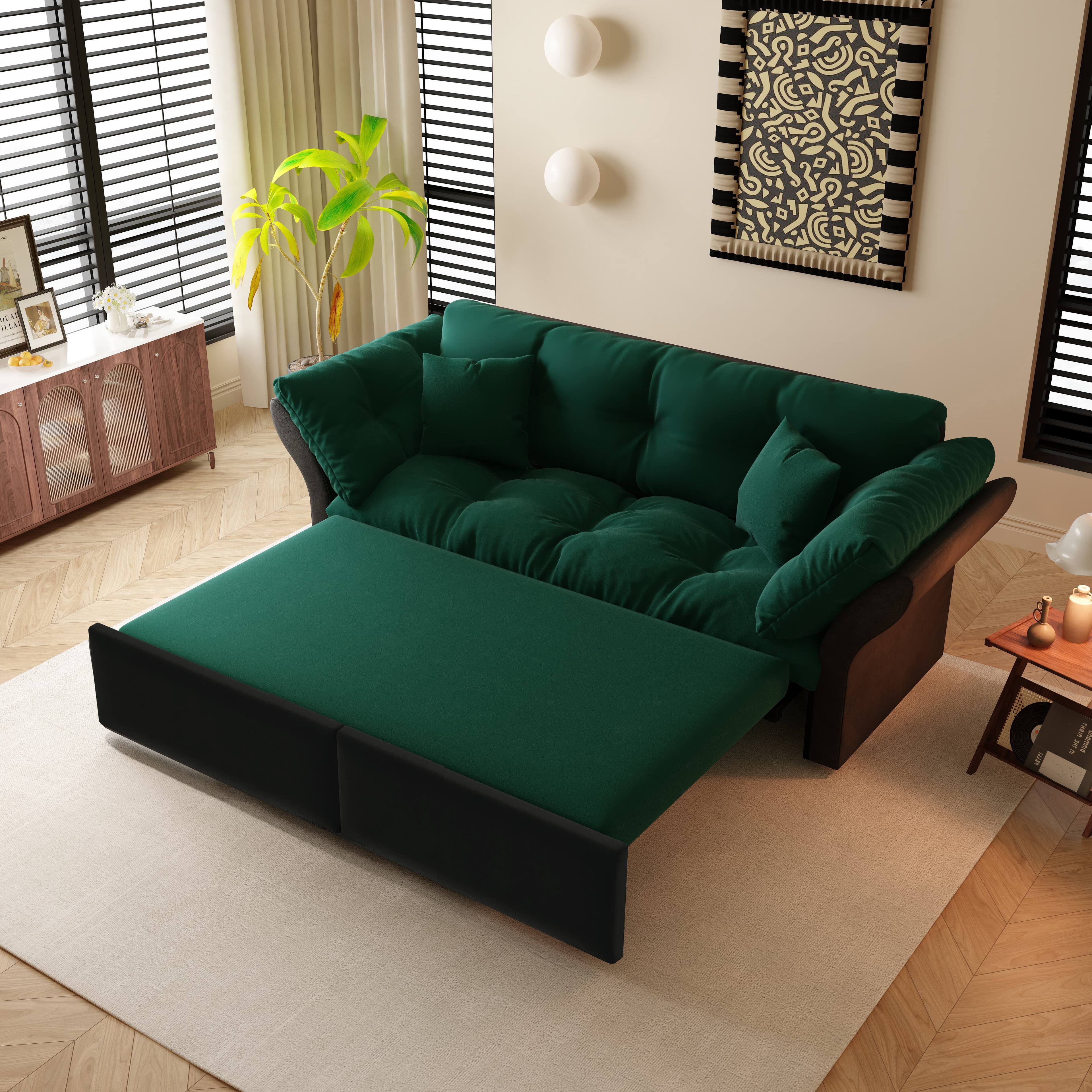 Left. Anysun - Queen 3-in-1 Pull Out Sofa Bed - Tufted Velvet Design, Includes 2 Pillows, Multi-Functional Loveseat. - Green.