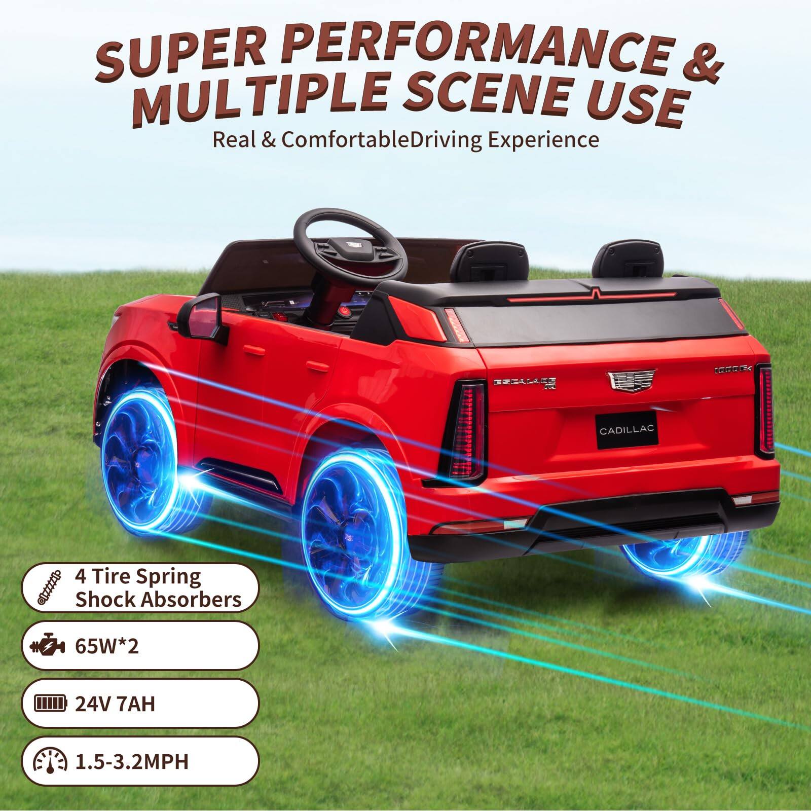SUPER PERFORMANCE & MULTIPLE SCENE USE  
Real & Comfortable Driving Experience  

4 Tire Spring Shock Absorbers  
65W*2  
24V 7AH  
1.5-3.2MPH