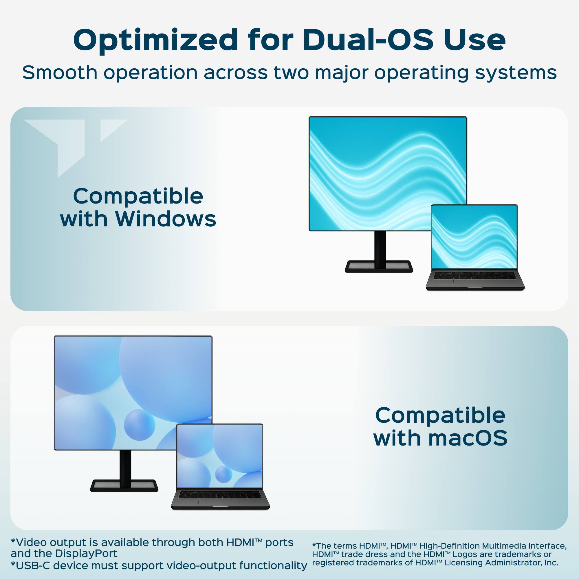Optimized for Dual-OS Use  
Smooth operation across two major operating systems  

Compatible with Windows  
Compatible with macOS  

*Video output is available through both HDMI™ ports and the DisplayPort  
*USB-C device must support video-output functionality  

*The terms HDMI™, HDMI™ High-Definition Multimedia Interface, and the DisplayPort HDMI™ trade dress and the HDMI™ Logos are trademarks or registered trademarks of HDMI™ Licensing Administrator, Inc.