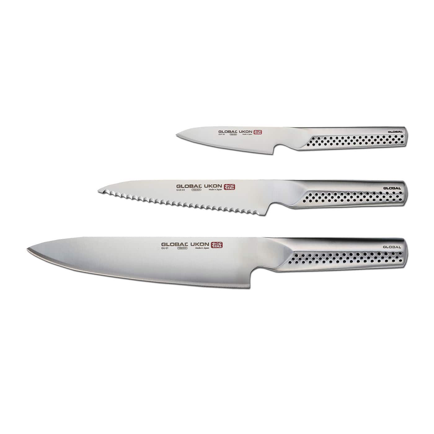 "Global - UKON 3 Piece Knife Set, 3.5"" Paring, 6"" Serrated Utility, 8"" Chef's - Silver" price history on PriceWatchPro