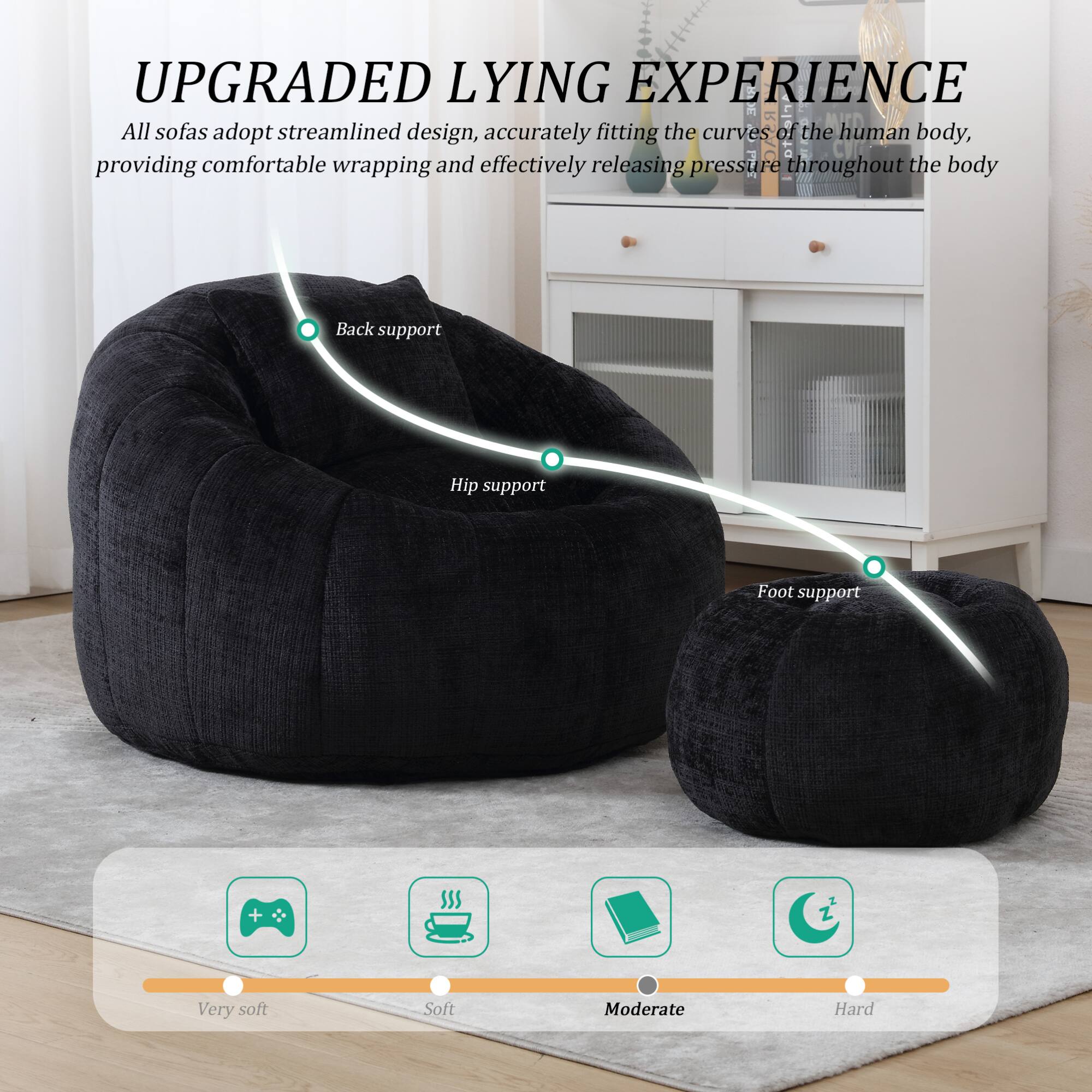 UPGRADED LYING EXPERIENCE

All sofas adopt streamlined design, accurately fitting the curves of the human body, providing comfortable wrapping and effectively releasing pressure throughout the body.

- Back support
- Hip support
- Foot support

Very soft | Soft | Moderate | Hard