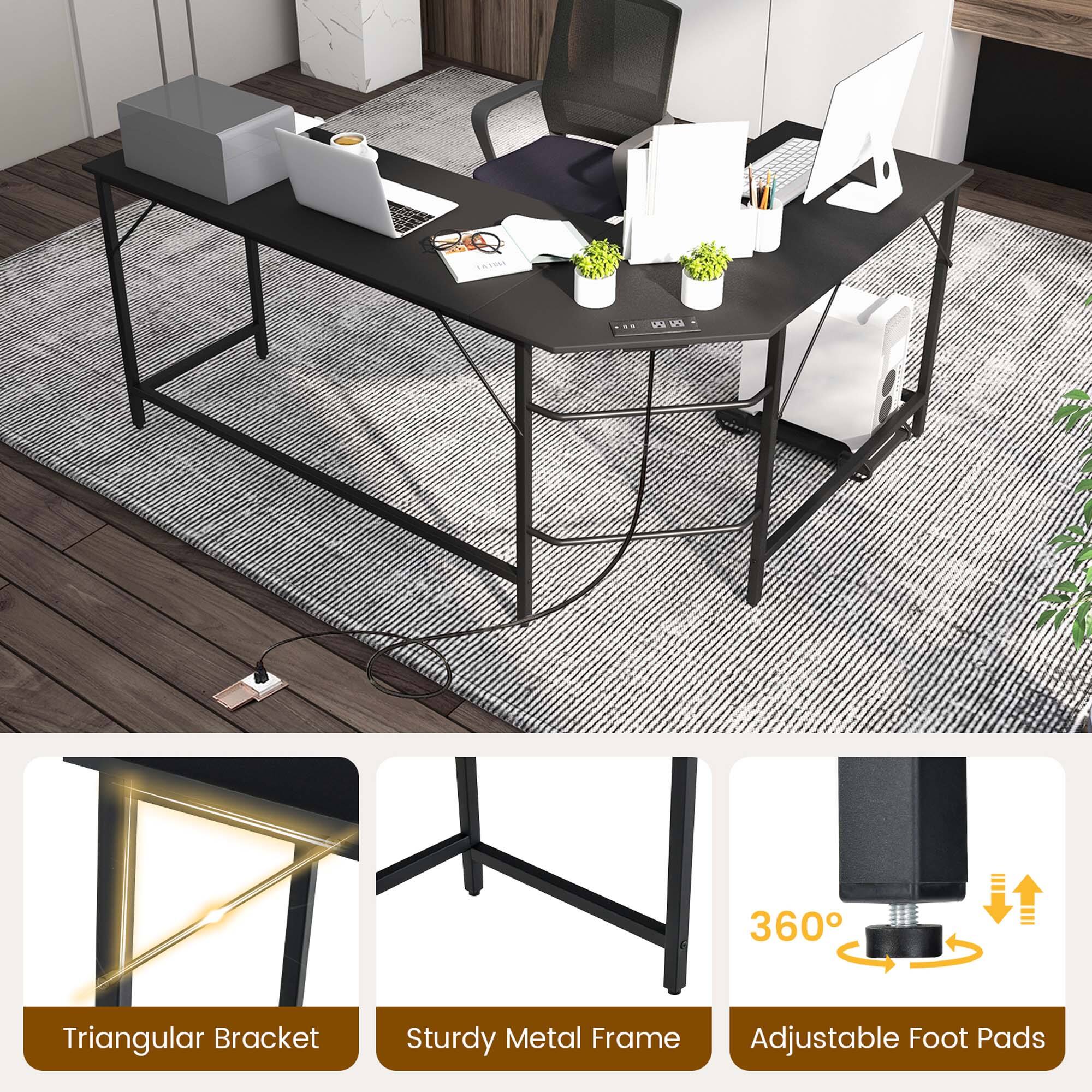 The image shows a desk with a laptop, keyboard, and mouse on it. The desk is accompanied by a triangular bracket, which is adjustable and made of sturdy metal. The foot pads are also adjustable, providing a comfortable and ergonomic workspace.