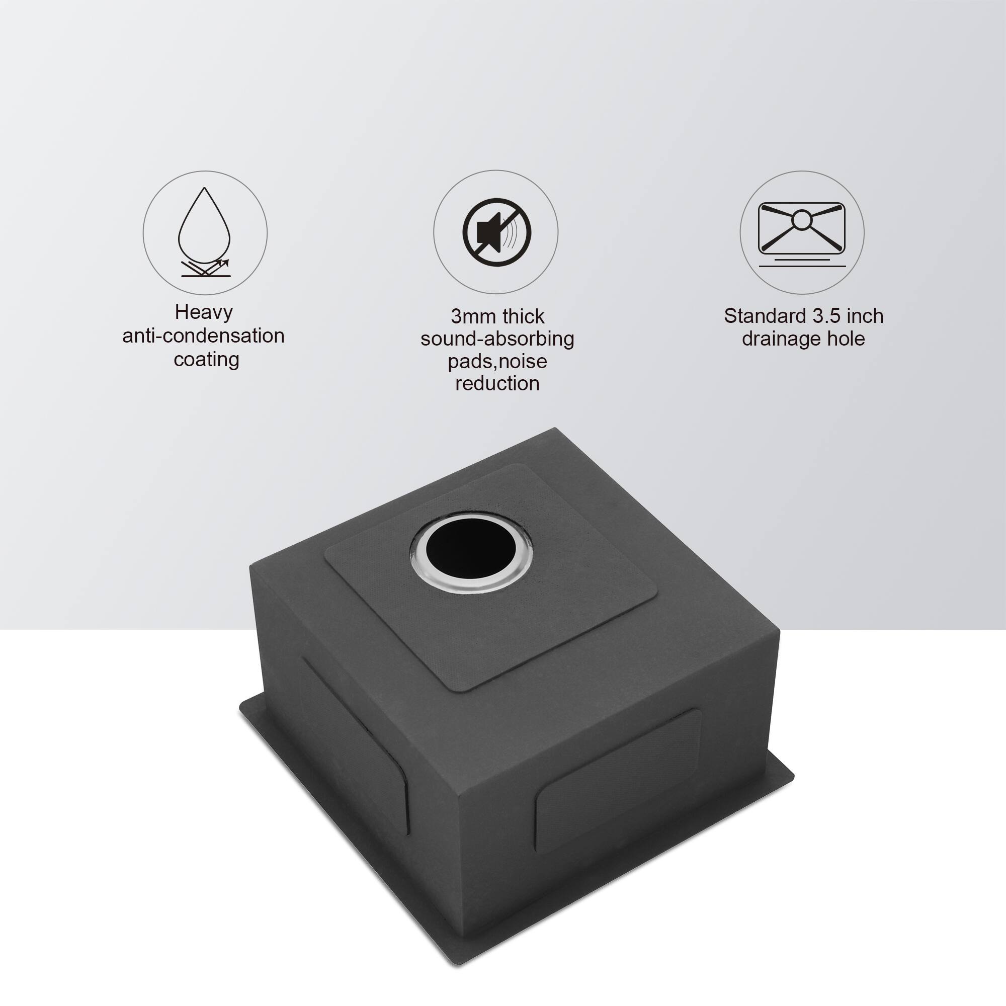 Heavy anti-condensation coating  
3mm thick sound-absorbing pads, noise reduction  
Standard 3.5 inch drainage hole