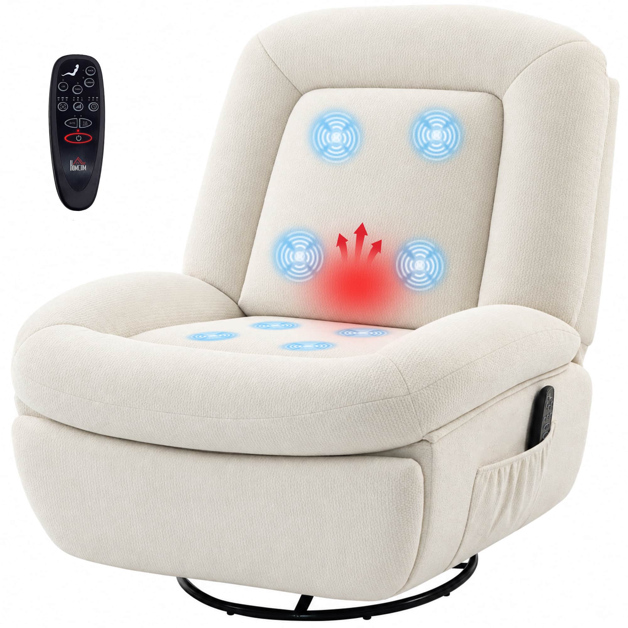 Homcom - Power Recliner Chair with Massage and Heat, USB Port, Overstuffed Chenille Swivel Rocker Recliner - Cream White